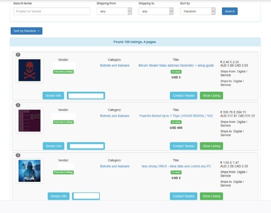 Listings for botnets and malware on White House Market, a popular marketplace on the dark web.
